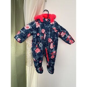 Wippette Kids Snowsuit Baby Girl 3/6M Blue Pink Excellent Floral Bunting Puffer